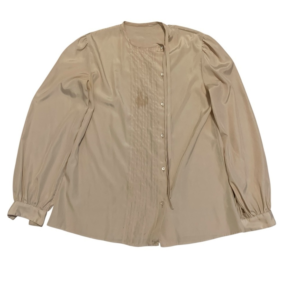 Vintage Cream Satin-Like Blouse with Pin Tucks | Puffy Sleeves | Medium